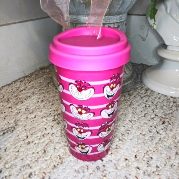 Disney Store Rare Fuschia/Pink Cheshire Cat Porcelain Travel Mug - Picture 3 of 7